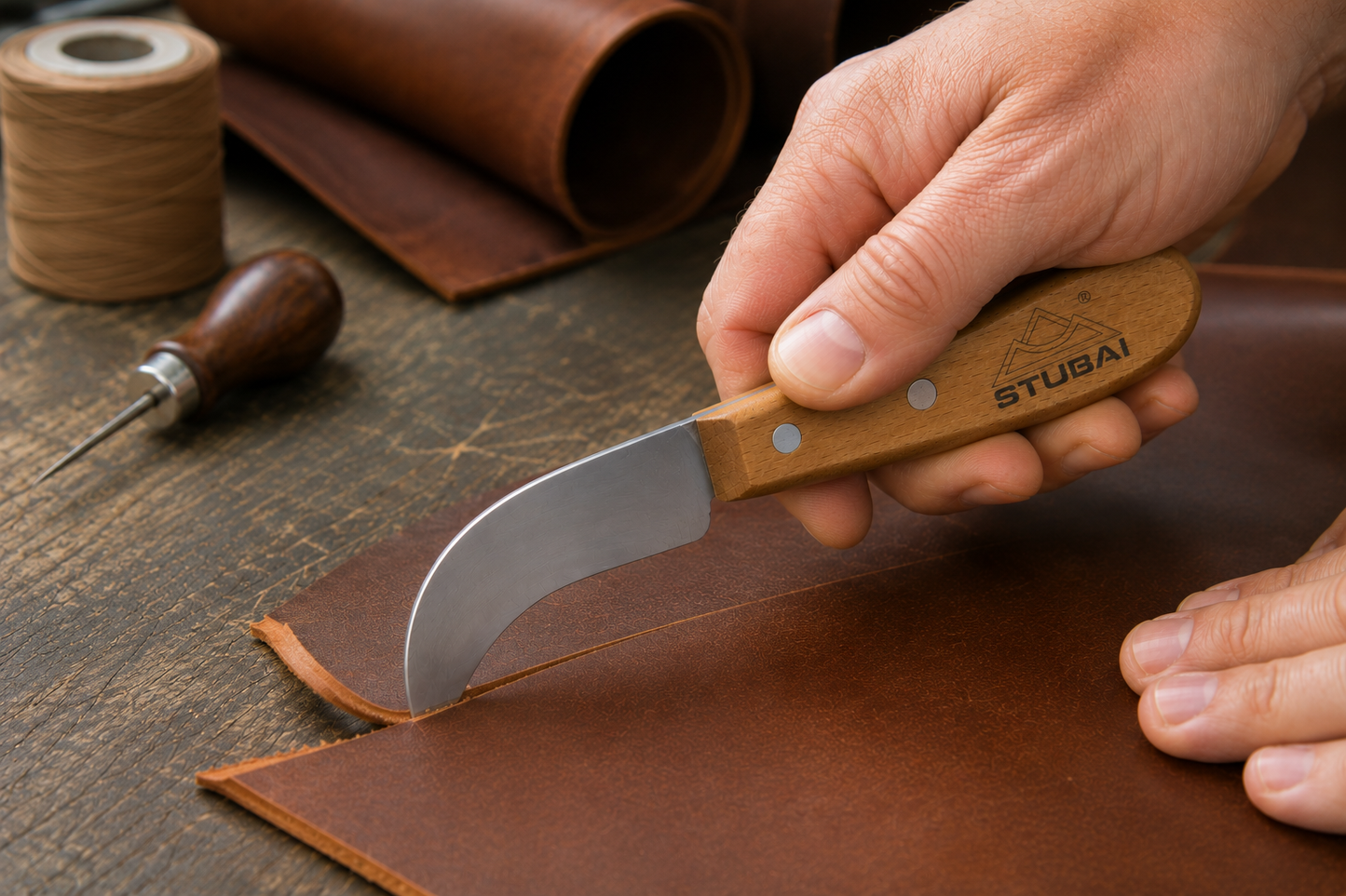 STUBAI Ledermesser 100 mm – gebogene Klinge aus gehärtetem Stahl, scharf & robust – Holzgriff, ideal für Leder, Teppich, Dachpappe, Outdoor & Gartenarbeiten