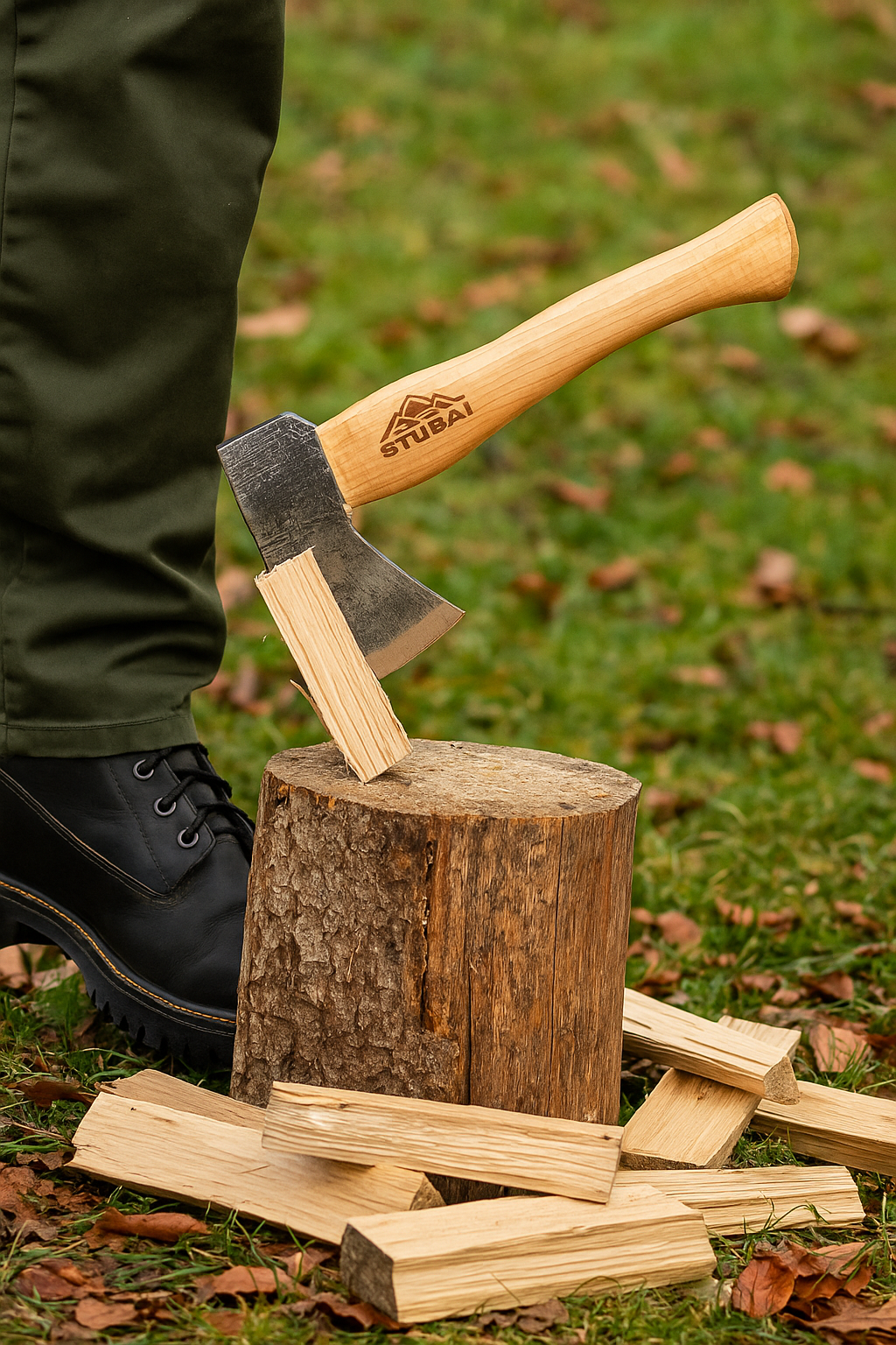 STUBAI Campingbeil Serles 800 g – Handgeschmiedet aus Kohlenstoffstahl, 240 mm, inkl. Lederscheide, geölter Hickorystiel – Outdoor, Bushcraft, Survival