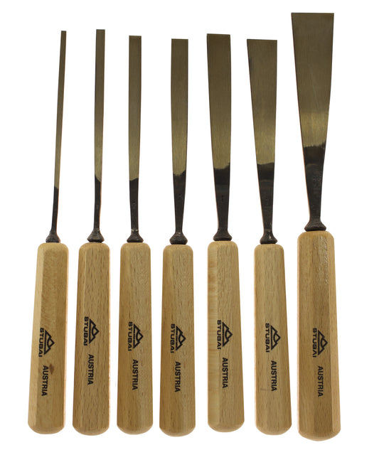 STUBAI Schäftereisensatz 14-tlg. | Formen 1 & 8 in Breiten 3–26 mm | mit Holzheften | Profi-Set für Büchsenmacher, Restauratoren & Holzhandwerk | hochwertiges Schnitzwerkzeug im Karton | Art. 510914