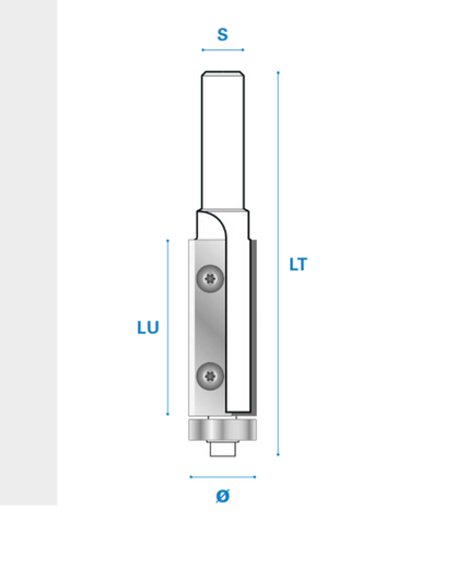 Bündigfräser aus Hartmetall mit Kugellager und Wendemesser - Rechtslauf, Schneide 2, Arbeitslänge 30 mm, Gesamtlänge 73 mm, Schaft 8 mm, Ø 19 mm