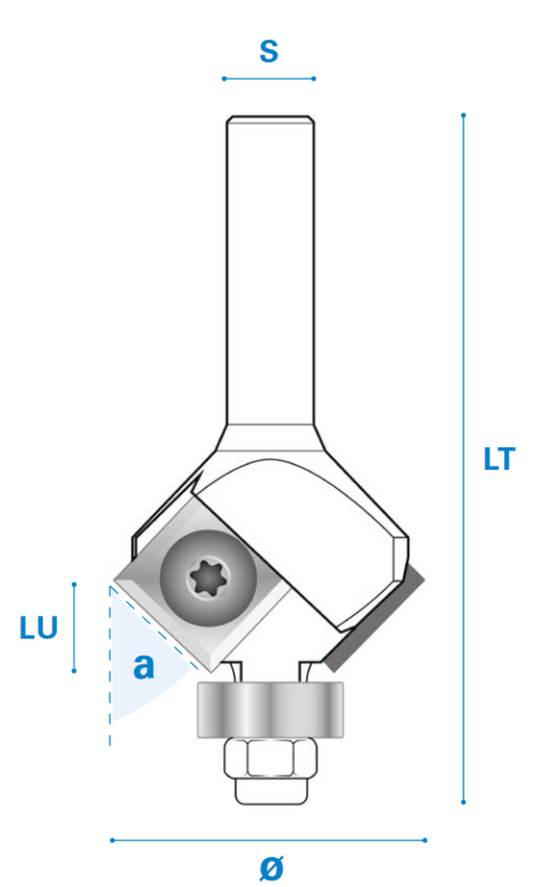 Fasefräser mit Kugellager und Wendemesser aus Hartmetall, Rechtslauf, Schneide 2, Winkel 30°, Arbeitslänge 10 mm, Gesamtlänge 60 mm, Schaft 6 x 30 mm, Ø 29 mm