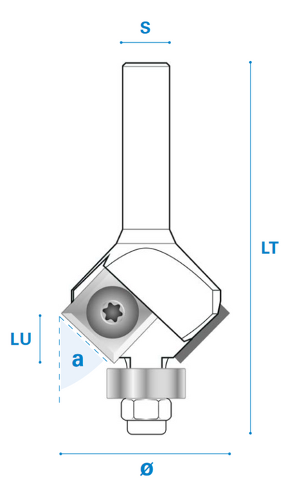 Fasefräser mit Kugellager und Wendemesser aus Hartmetall, Rechtslauf, Schneide 2, Winkel 30°, Arbeitslänge 10 mm, Gesamtlänge 60 mm, Schaft 8 x 30 mm, Ø 29 mm