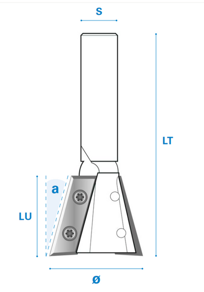 5° Zinkenfräser mit Wendemesser aus Hartmetall, Rechtslauf, 2 Schneiden,  Arbeitslänge 27,5 mm, Gesamtlänge 60 mm, Schaft 8 mm, Ø 22 mm