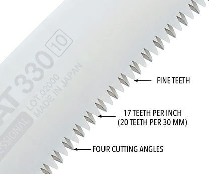SILKY- Handsäge Zübat Professional 330 mm: gebogenes Japansägeblatt mit Mirai-Me Verzahnung (10 Zähne/30 mm) und induktiv gehärteten Zähnen – hohe Standzeit, ideal für hartes Holz.