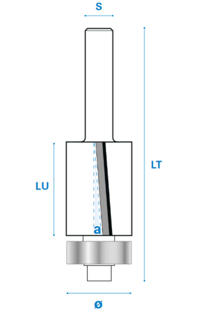 Bündigfräser mit negativem Achswinkel und Kugellager aus Hartmetall, Rechtslauf, Schneide 2, Negativ, Arbeitslänge 50 mm, Gesamtlänge 102 mm, Schaft 12 mm, Ø 19 mm