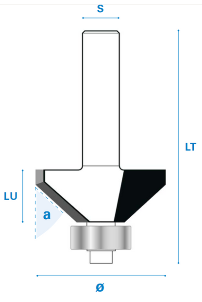 Fasefräser mit Kugellager aus Hartmetall, Rechtslauf, Schneide 2, Arbeitslänge 12 mm, Gesamtlänge 51 mm, Schaft 8 mm, Ø 23 mm
