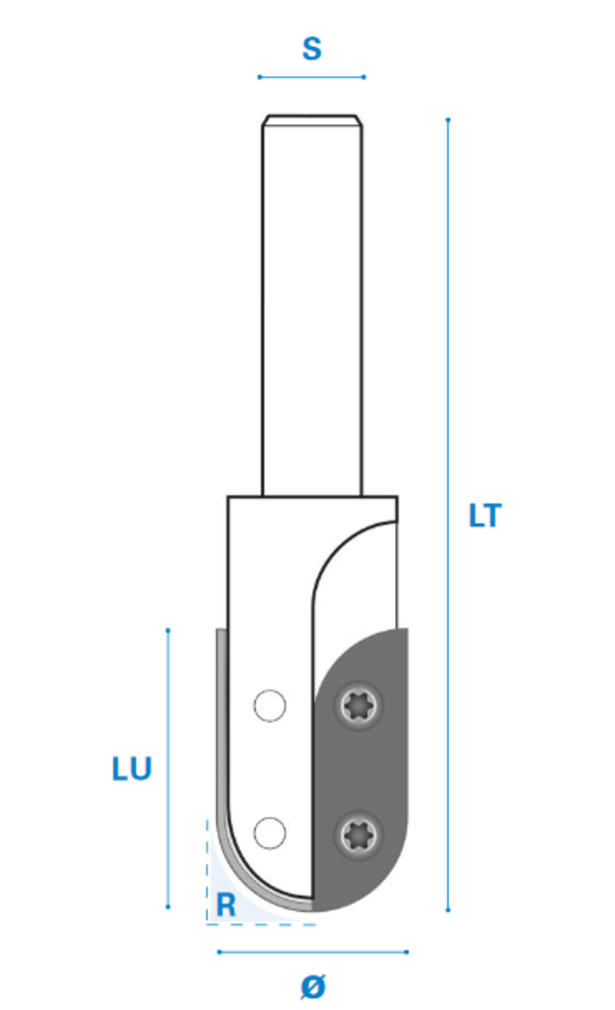 Hohlkehlfräser mit Wendemesser aus Hartmetall - Rechtslauf, Schneide 2, Arbeitslänge 29 mm, Gesamtlänge 80 mm, Schaft 12 mm, Ø 14 mm