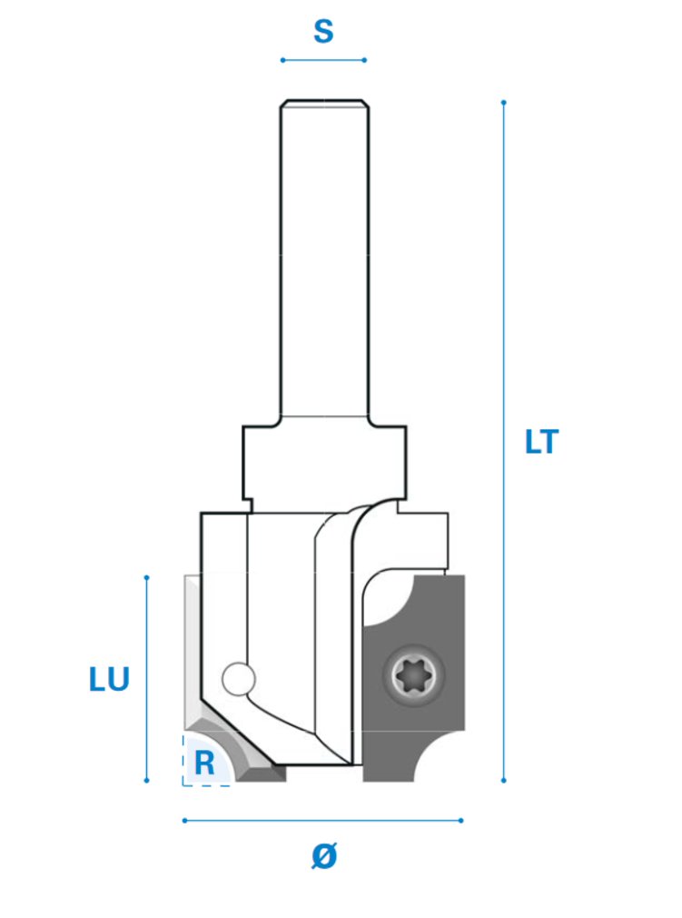 Viertelstabfräser mit Wendemesser aus Hartmetall, Rechtslauf, Schneide 2, Arbeitslänge 19,5 mm, Gesamtlänge 75 mm, Schaft 12 mm, Ø 26 mm