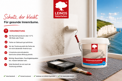 LEINOS 695 Schimmelschutzfarbe 1,0 l für Innenräume, gegen Schimmel, Algen und Pilze, biozidfrei, lösemittelfrei, diffusionsoffen, natürliche Wirkung, hohe Deckkraft, weiß, gebrauchsfertig Innenwände!