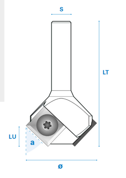 Fasefräser mit Wendemesser aus Hartmetall, Rechtslauf, Schneide 2, Winkel 10°, Arbeitslänge 11,8 mm, Gesamtlänge 52 mm, Schaft 6 x 30 mm, Ø 22 mm
