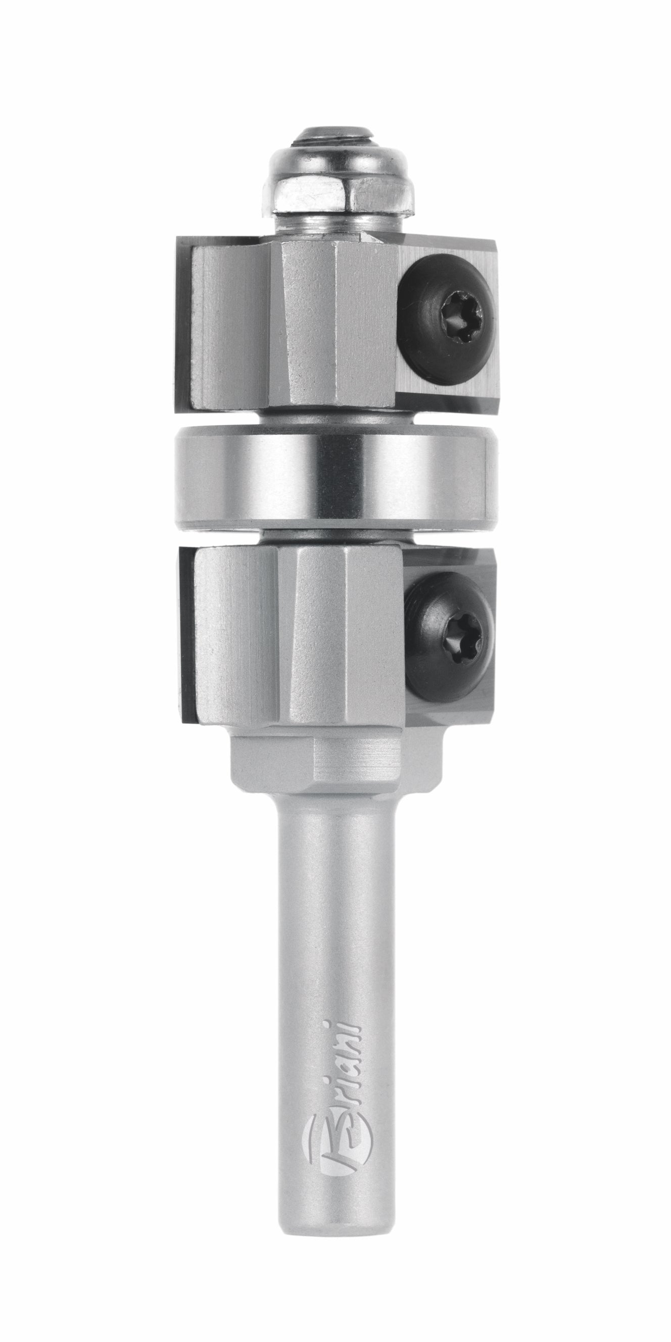 Wende Bündigfräser mit wechselseitigem Achswinkel und Kugellager aus Hartmetall, Rechtslauf, Schneide 2/4, Positiv/Negativ, Arbeitslänge 12/30 mm, Gesamtlänge 75 mm, Schaft 8 mm, Ø 22 mm