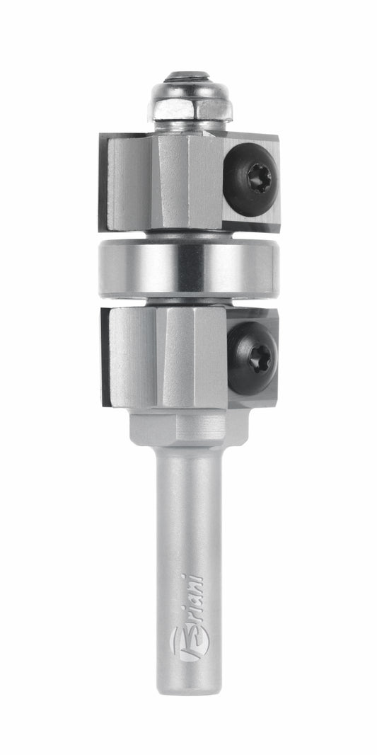 Wende Bündigfräser mit wechselseitigem Achswinkel und Kugellager aus Hartmetall, Rechtslauf, Schneide 2/4, Positiv/Negativ, Arbeitslänge 12/30 mm, Gesamtlänge 75 mm, Schaft 8 mm, Ø 22 mm