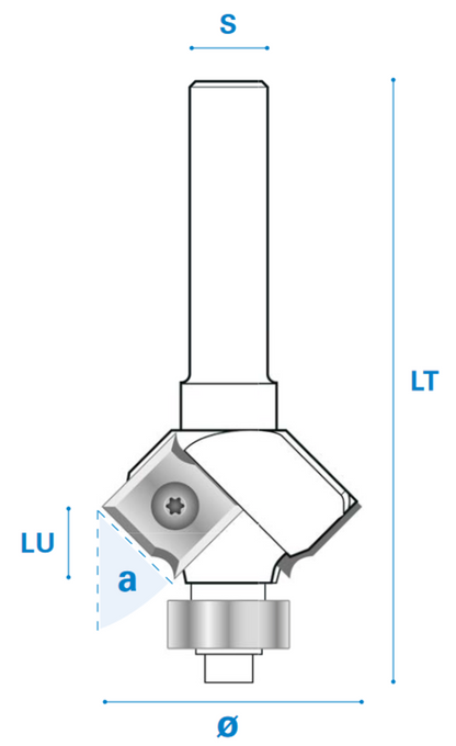 Fase/Viertelstabfräser mit Wendemesser und Kugellager aus Hartmetall, Rechtslauf, Schneide 2, 45°, Arbeitslänge 8,3 mm, Gesamtlänge 60 mm, Schaft 8 mm, Ø 29 mm