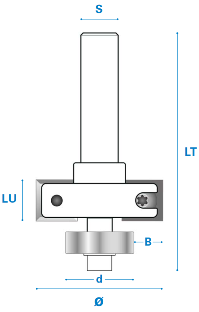 Falzfräser mit Kugellager und Wendemesser aus Hartmetall, Rechtslauf, Schneide 2, Arbeitslänge 12 mm, Gesamtlänge 53,3 mm, Schaft 8 mm, Ø 30 mm