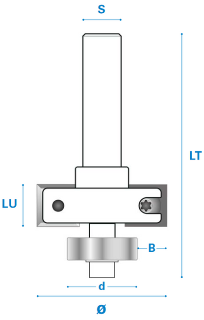Falzfräser mit Kugellager und Wendemesser aus Hartmetall, Rechtslauf, Schneide 2, Arbeitslänge 12 mm, Gesamtlänge 53,3 mm, Schaft 8 mm, Ø 30 mm