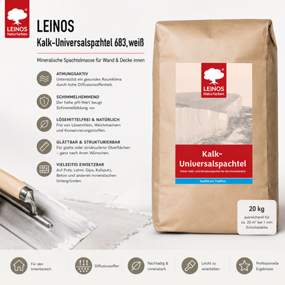 LEINOS Kalk-Universalspachtel 683, weiß – Mineralische Spachtelmasse für Wand & Decke innen, atmungsaktiv, schimmelhemmend, lösemittelfrei, glättbar & strukturierbar, auf Putz, Lehm, Gips – 5 kg