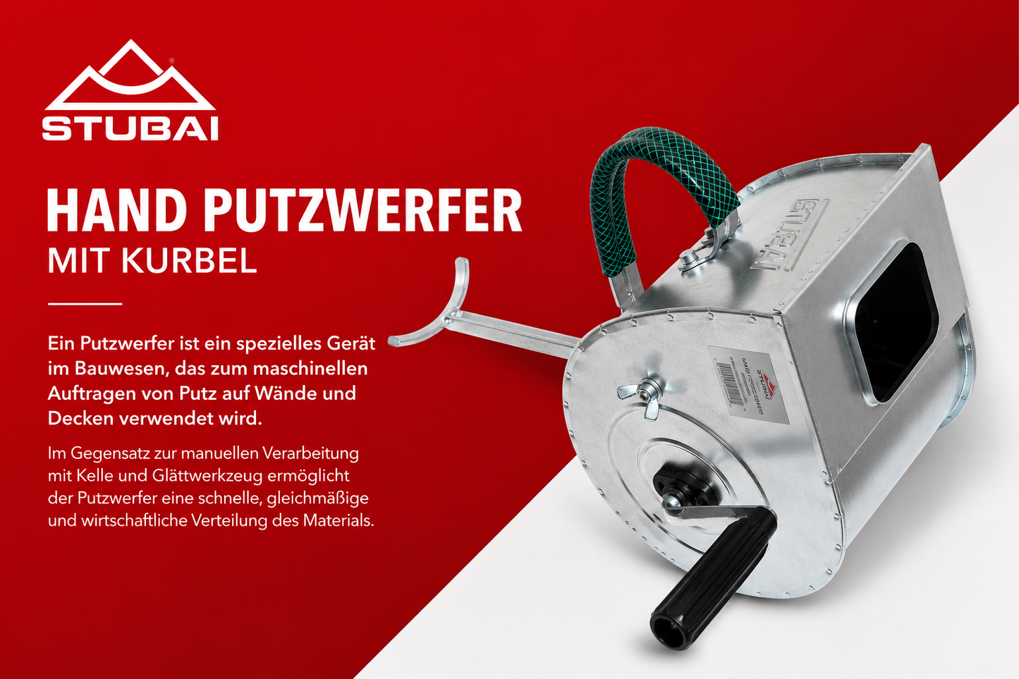 STUBAI Putzwerfer 440350 mit Halter und Armstütze, Handputzwerfer für schnelles Verputzen von Wänden und Decken, robuste Ausführung für Bauprofis, effizientes Auftragen von Putzmaterialien