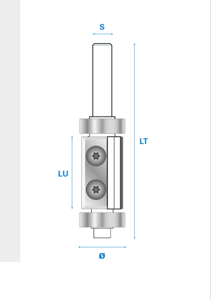 Bündigfräser mit doppeltem Kugellager und Wendemesser, aus Hartmetall, Rechtslauf, Schneide 2, Arbeitslänge 49,5 mm, Gesamtlänge 98 mm, Schaft 8 mm, Ø 16 mm
