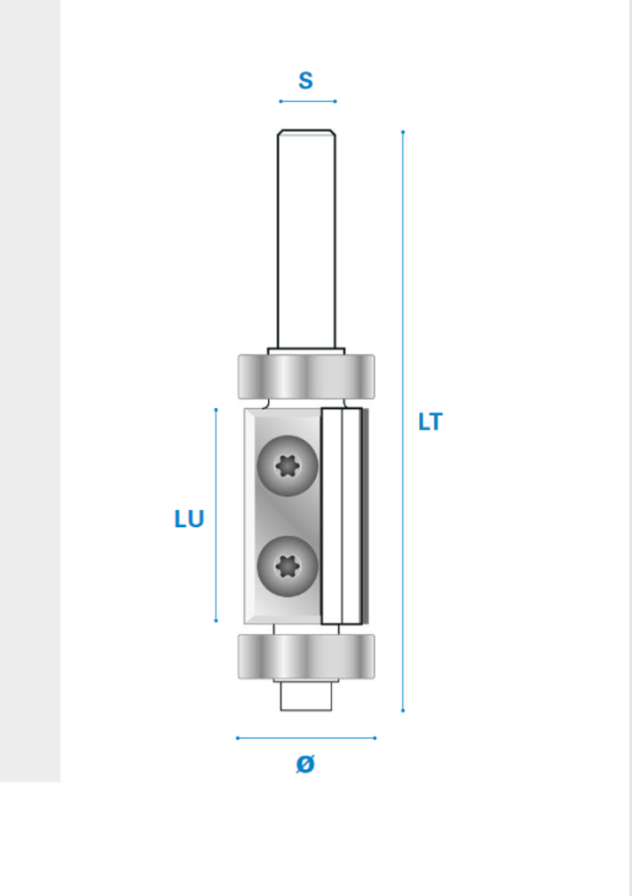 Bündigfräser mit doppeltem Kugellager und Wendemesser, aus Hartmetall, Rechtslauf, Schneide 2, Arbeitslänge 50 mm, Gesamtlänge 116 mm, Schaft 12 mm, Ø 22,2 mm