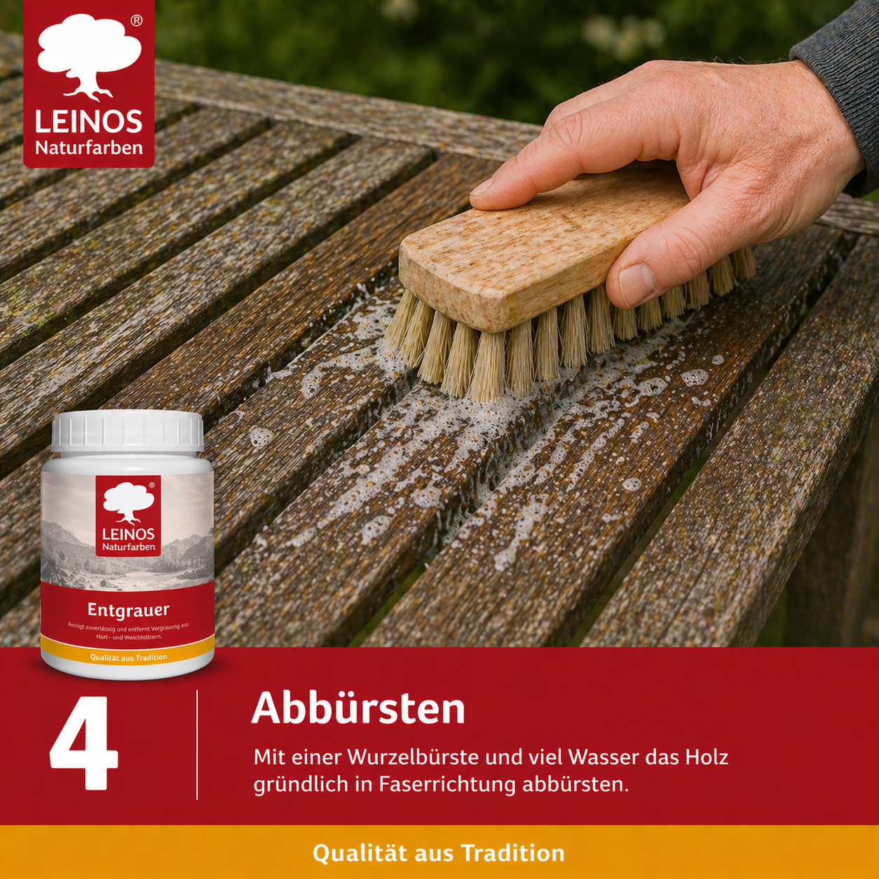 Leinos Entgrauer 2,5 Liter  für Holz-Gartenmöbel & Terrassenholz – Auftragen, einwirken lassen, abbürsten – effektive Reinigung & Auffrischung von Hart- und Weichholz