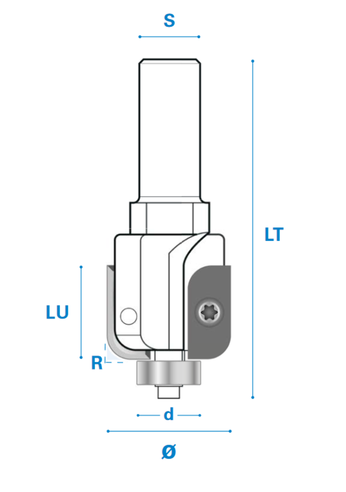 Hohlkehlfräser mit Wendemesser und Kugellager aus Hartmetall, Rechtslauf, Schneide 2, Arbeitslänge 24,5 mm, Gesamtlänge 80 mm, Schaft 8 mm, Ø 32 mm