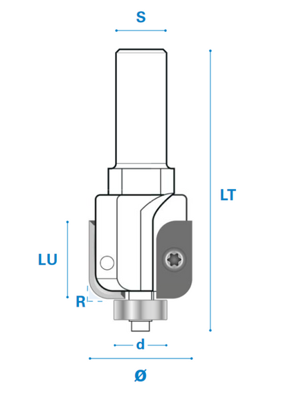 Hohlkehlfräser mit Wendemesser und Kugellager aus Hartmetall, Rechtslauf, Schneide 2, Arbeitslänge 24,5 mm, Gesamtlänge 80 mm, Schaft 8 mm, Ø 32 mm