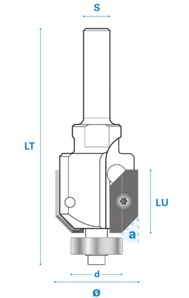 Fasefräser mit Kugellager und Wendemesser aus Hartmetall, Rechtslauf, Schneide 2, 45°, Arbeitslänge 19,5 mm, Gesamtlänge 85 mm, Schaft 12 mm, Ø 26 mm