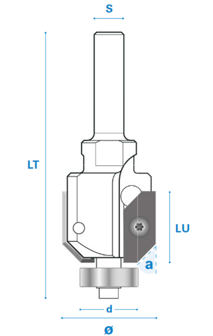 Fasefräser mit Kugellager und Wendemesser aus Hartmetall, Rechtslauf, Schneide 2, 45°, Arbeitslänge 24,5 mm, Gesamtlänge 90 mm, Schaft 12 mm, Ø 32 mm