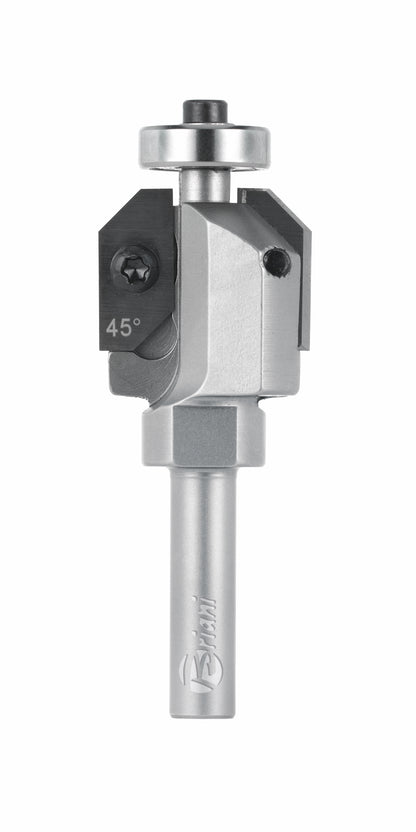 Fasefräser mit Kugellager und Wendemesser aus Hartmetall, Rechtslauf, Schneide 2, 45°, Arbeitslänge 19,5 mm, Gesamtlänge 75 mm, Schaft 8 mm, Ø 26 mm