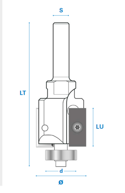 Falzfräser mit Kugellager und Wendemesser aus Hartmetall, Rechtslauf, Schneide 2, Arbeitslänge 19,5 mm, Gesamtlänge 75 mm, Schaft 8 mm, Ø 26 mm