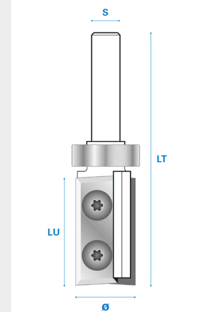 Bündigfräser mit Kugellager am Schaft und Wendemesser aus Hartmetall, Rechtslauf, Schneide 2, Arbeitslänge 29,5 mm, Gesamtlänge 68,5 mm, Schaft 8 mm, Ø 16 mm