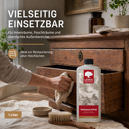 LEINOS Holzwurmfrei 130 |1 Liter | Holzschutz gegen Insekten- & Pilzbefall | Für Innen, überdachten Außenbereich & Feuchträume | Holzverfestiger mit physikalisch-mechanischer Wirkung