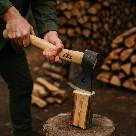 STUBAI Campingbeil „Habicht“ 1.100 g – Handgeschmiedet aus Kohlenstoffstahl, 340 mm, geölter Hickorystiel, Lederscheide – Outdoor, Bushcraft, Survival