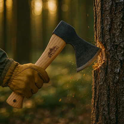 STUBAI Campingbeil „Habicht“ 1.100 g – Handgeschmiedet aus Kohlenstoffstahl, 340 mm, geölter Hickorystiel, Lederscheide – Outdoor, Bushcraft, Survival