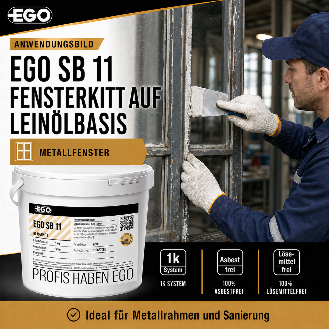 EGO SB 11 Fensterkitt – schnellbindender Glaserkitt für Einfachverglasung | 5 kg bis 25 kg | Made in Bayern