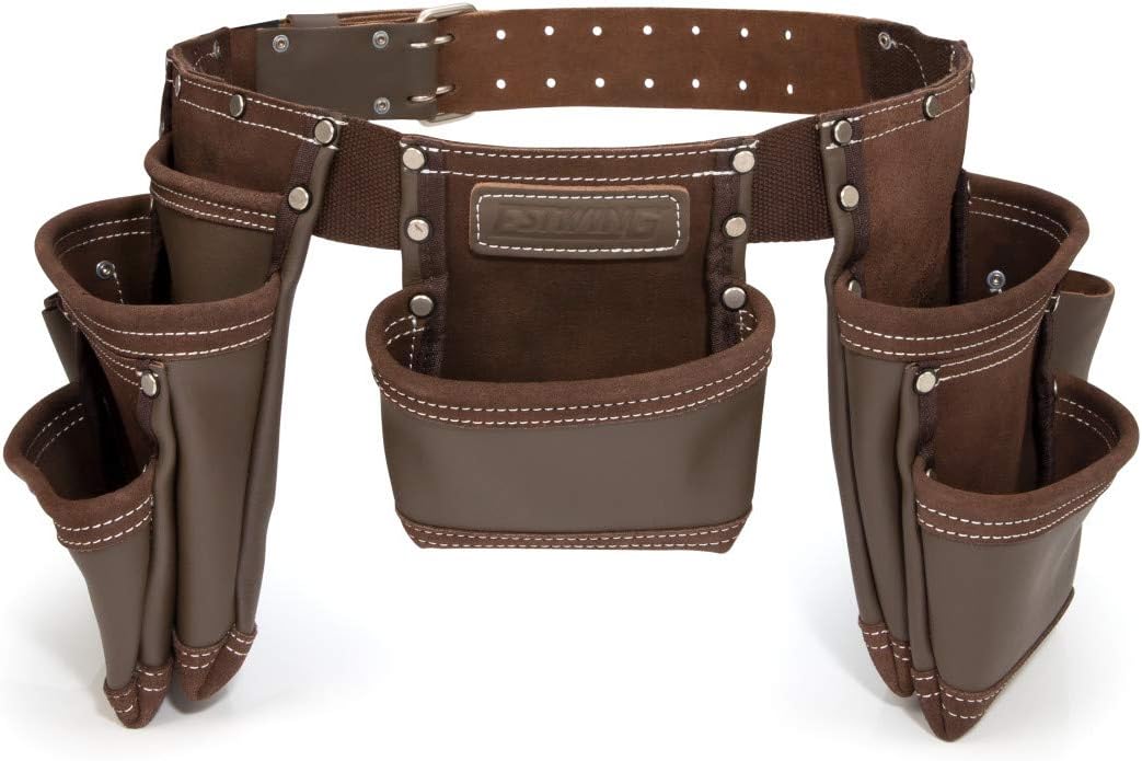 Estwing 94744 Werkzeugschürze aus 100% Rindsleder mit 7 Taschen, 2 Werkzeugschlaufen und Hammerhalter, genietete Verstärkungen, Stahl-Doppelzungenschnalle, passend für 76–132 cm Taillenumfang robustes