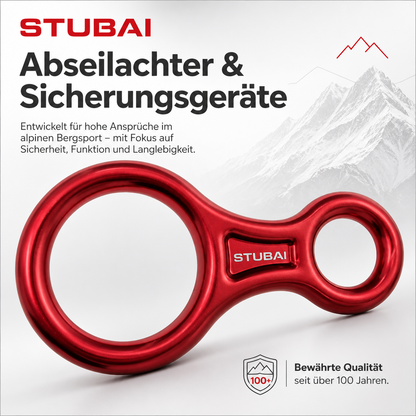 STUBAI Abseilachter groß – Sicherungsgerät aus Aluminium (109 g, 30 kN) – für Klettern, Bergsteigen, Canyoning, Höhenarbeit & Rettung – EN 15151-2 zertifiziert – rot eloxier