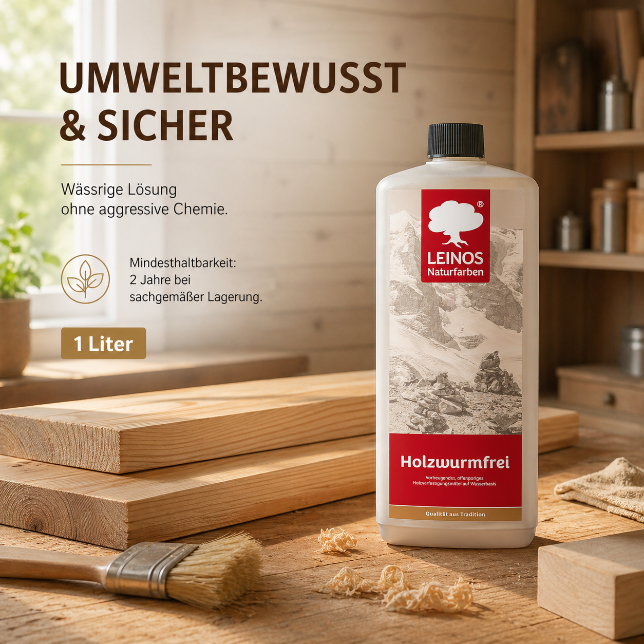 LEINOS Holzwurmfrei 130 |1 Liter | Holzschutz gegen Insekten- & Pilzbefall | Für Innen, überdachten Außenbereich & Feuchträume | Holzverfestiger mit physikalisch-mechanischer Wirkung