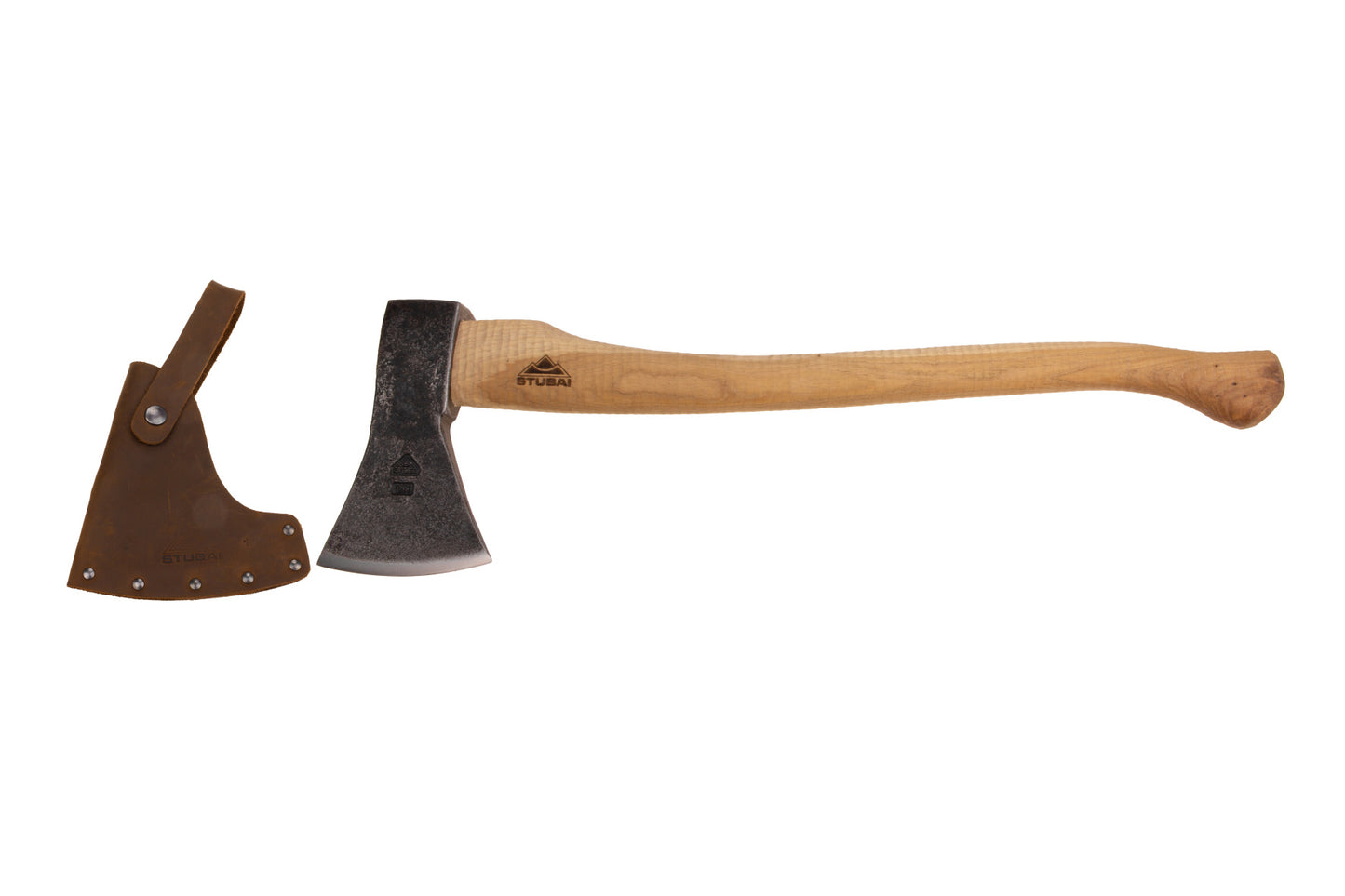 STUBAI Campingaxt „Zuckerhütl“ 1.650 g – Handgeschmiedet aus Kohlenstoffstahl, 650 mm Länge, geölter Hickorystiel, inkl. Lederscheide – Für Outdoor, Bushcraft, Survival, Trekking, Waldarbeiten