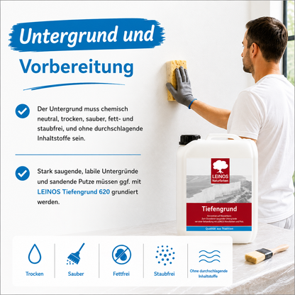 LEINOS Streich- und Rollputz fein 685, weiß – Feinkörniger Putz für Innen, atmungsaktiv, lösemittelfrei, schadstofffrei, gebrauchsfertig, strukturierbar, auf Putz, Gips, Lehm, Altanstrich – 10 L