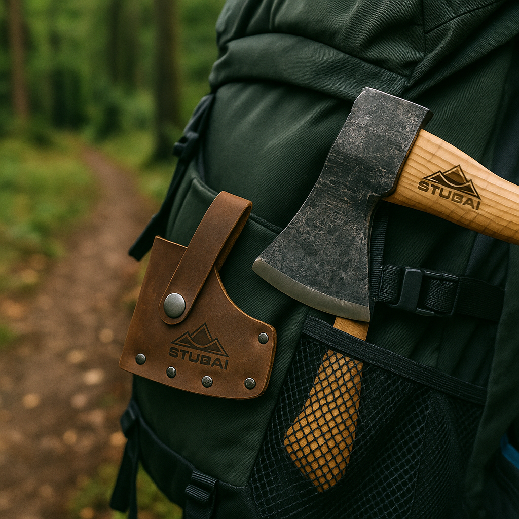 STUBAI Campingbeil „Habicht“ 1.100 g – Handgeschmiedet aus Kohlenstoffstahl, 340 mm, geölter Hickorystiel, Lederscheide – Outdoor, Bushcraft, Survival