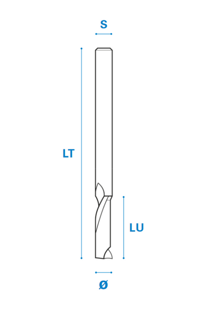 Einzahnfräser für Alu aus Vollhartmetall, Rechtslauf, Schneide 1, Positiv, Arbeitslänge 32 mm, Gesamtlänge 80 mm, Schaft 12 mm, Ø 12 mm