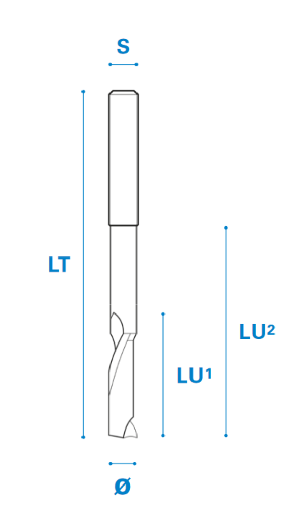 Einzahnfräser für Nichteisenmetall aus Vollhartmetall, Rechtslauf, Schneide 1, Positiv, Arbeitslänge 20/45 mm, Gesamtlänge 80 mm, Schaft 12 mm, Ø 12 mm