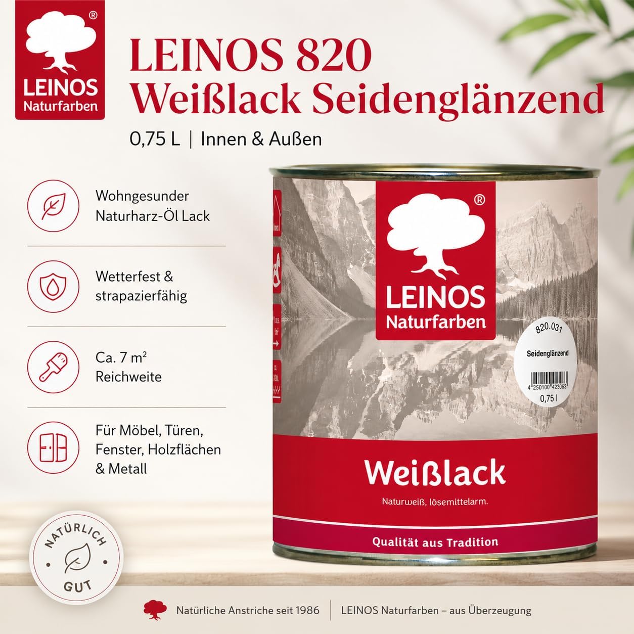 LEINOS 820 Weißlack Seidenglänzend | 0,75 L Innen & Außen | Wohngesunder Naturharz-Öl Lack, wetterfest & strapazierfähig | ca. 7 m² Reichweite | Für Möbel, Türen, Fenster, Holzflächen & Metall