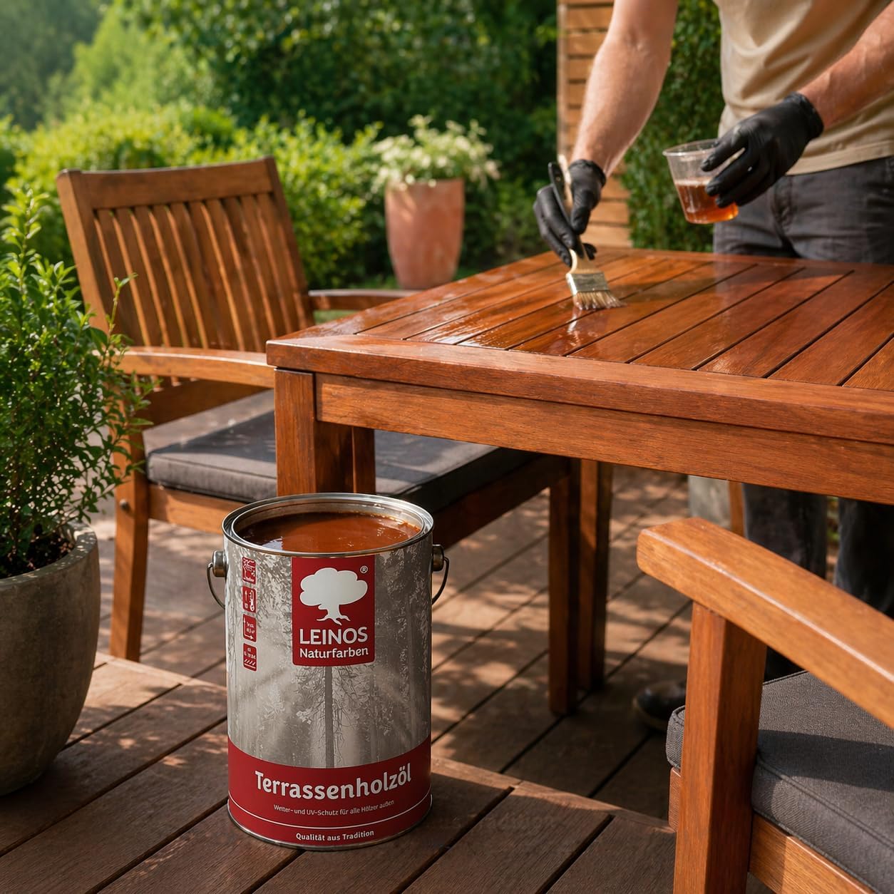 Leinos Terrassenholzöl 10,0 Liter – bräunlich Premium Holzschutzöl für außen, ideal für Lärche, Eiche, Akazie & Teak – Teaköl & Lärchenöl für Terrassen, Zäune, Gartenmöbel, Kinderspielgeräte & mehr