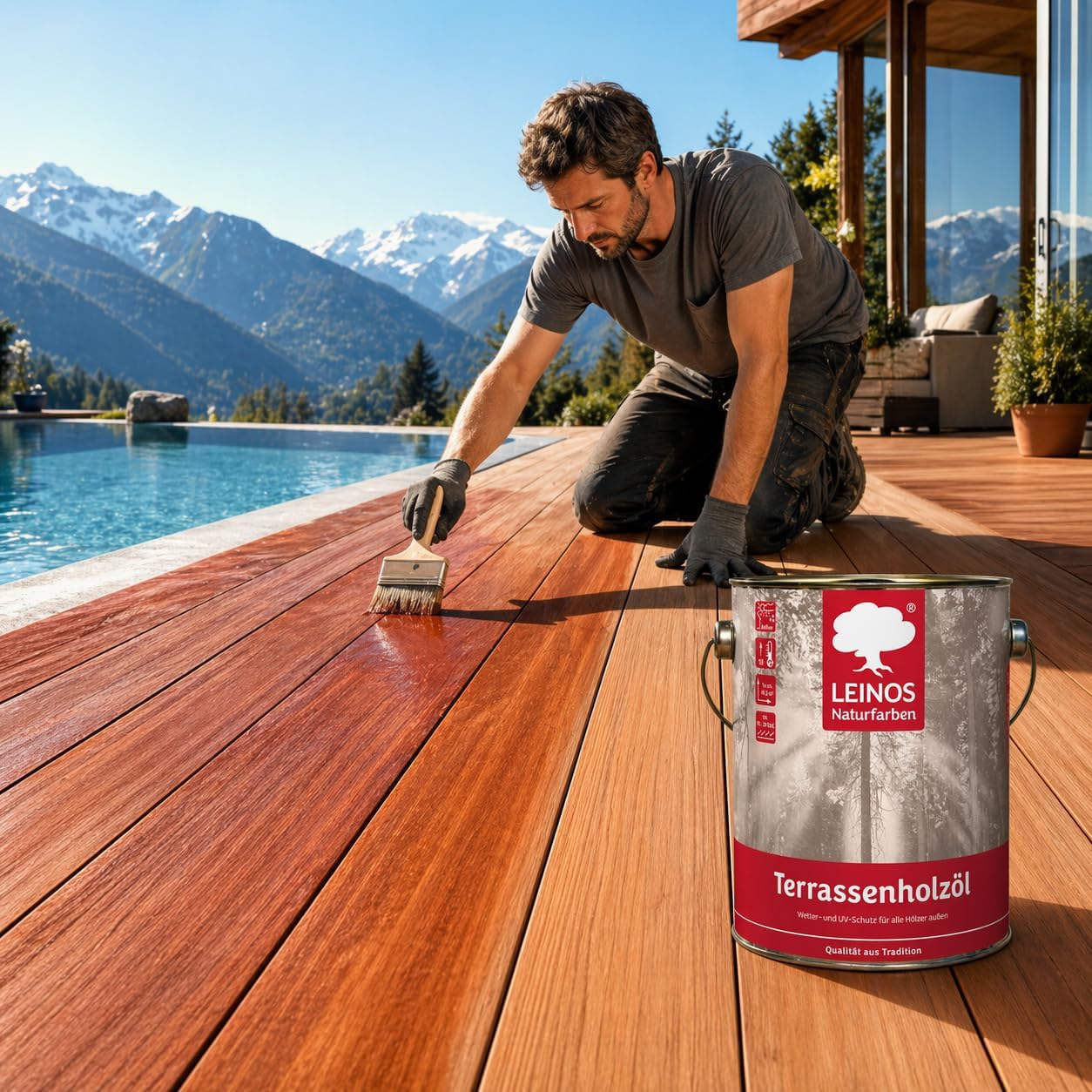 Leinos Terrassenholzöl 10,00 l – rötliches Premium Holzschutzöl für außen, ideal für Lärche, Eiche, Akazie & Teak – Teaköl & Lärchenöl für Terrassen, Zäune, Gartenmöbel, Kinderspielgeräte & mehr