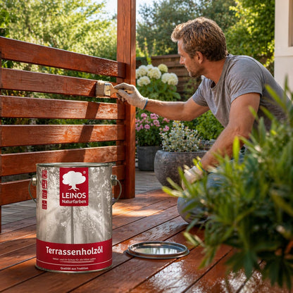 LEINOS Terrassenholzöl 236 | 2,5 Liter | Farbton: bräunlich  Hochwertiges Holzöl für außen | Für Terrassen, Zäune, Kinderspielgeräte  | Tiefer Holzschutz & leichte Anwendung