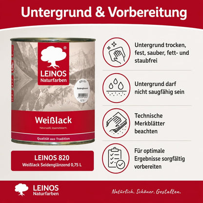 LEINOS 820 Weißlack Seidenglänzend | 0,75 L Innen & Außen | Wohngesunder Naturharz-Öl Lack, wetterfest & strapazierfähig | ca. 7 m² Reichweite | Für Möbel, Türen, Fenster, Holzflächen & Metall