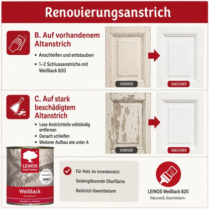 LEINOS 820 Weißlack Seidenglänzend | 0,75 L Innen & Außen | Wohngesunder Naturharz-Öl Lack, wetterfest & strapazierfähig | ca. 7 m² Reichweite | Für Möbel, Türen, Fenster, Holzflächen & Metall