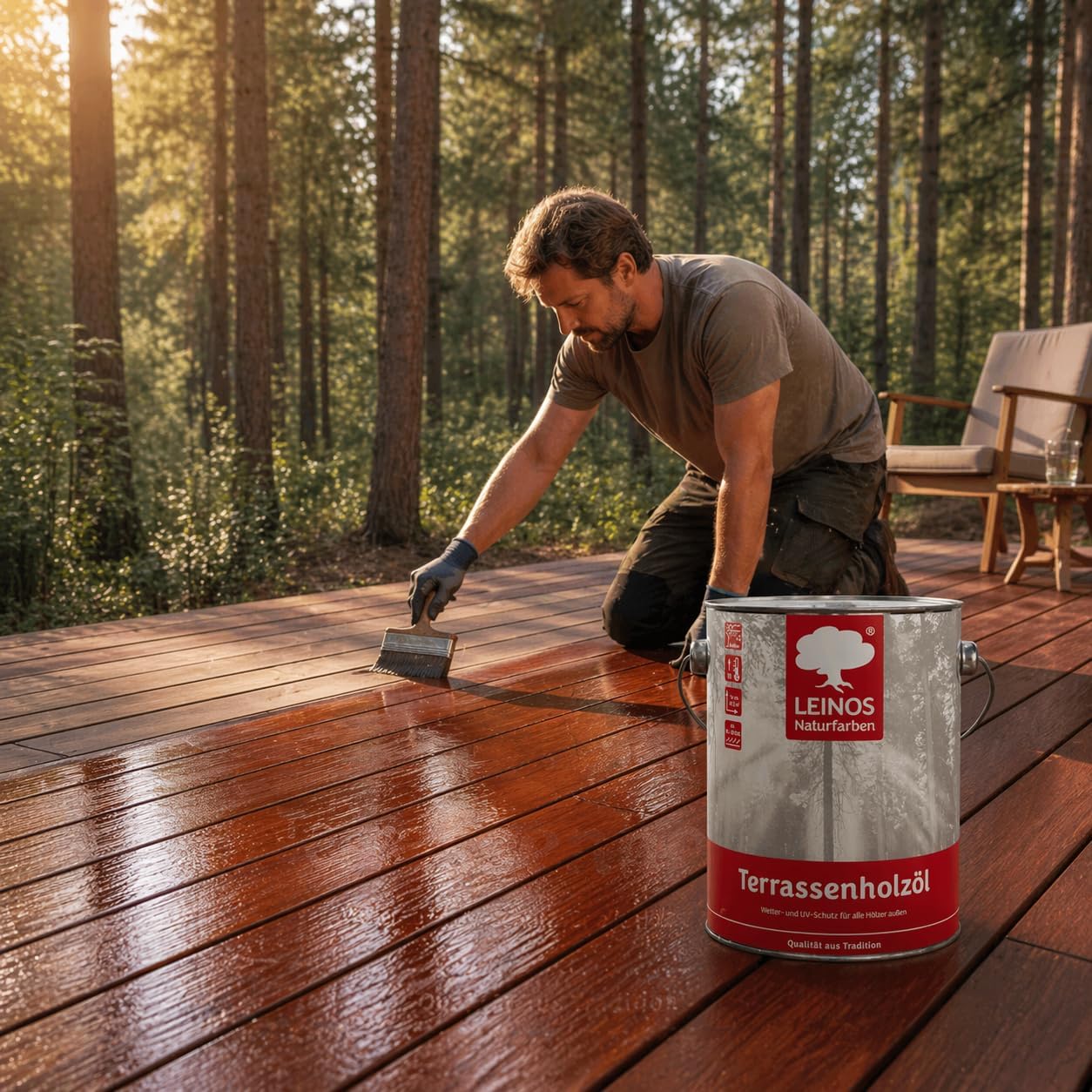 Leinos Terrassenholzöl 10,0 Liter – bräunlich Premium Holzschutzöl für außen, ideal für Lärche, Eiche, Akazie & Teak – Teaköl & Lärchenöl für Terrassen, Zäune, Gartenmöbel, Kinderspielgeräte & mehr